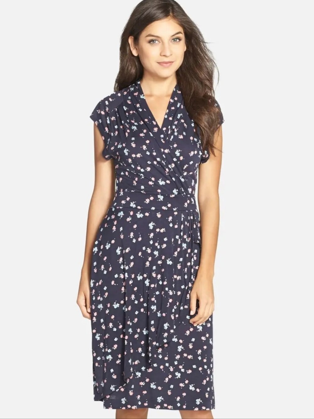 French Connection Floral Wrap Dress XS Navy Blue Faux Wrap Midi Dress